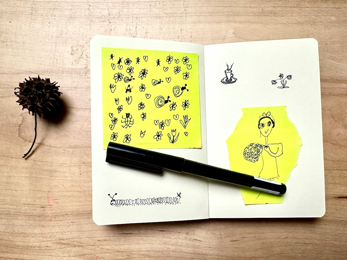 Bullet journal doodles on a sticky note - before removing the background