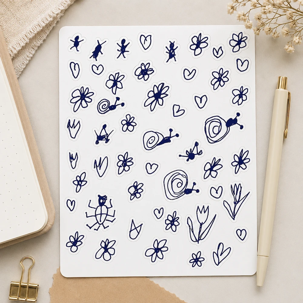 Planner sticker sheet made from transparent bullet journal doodles